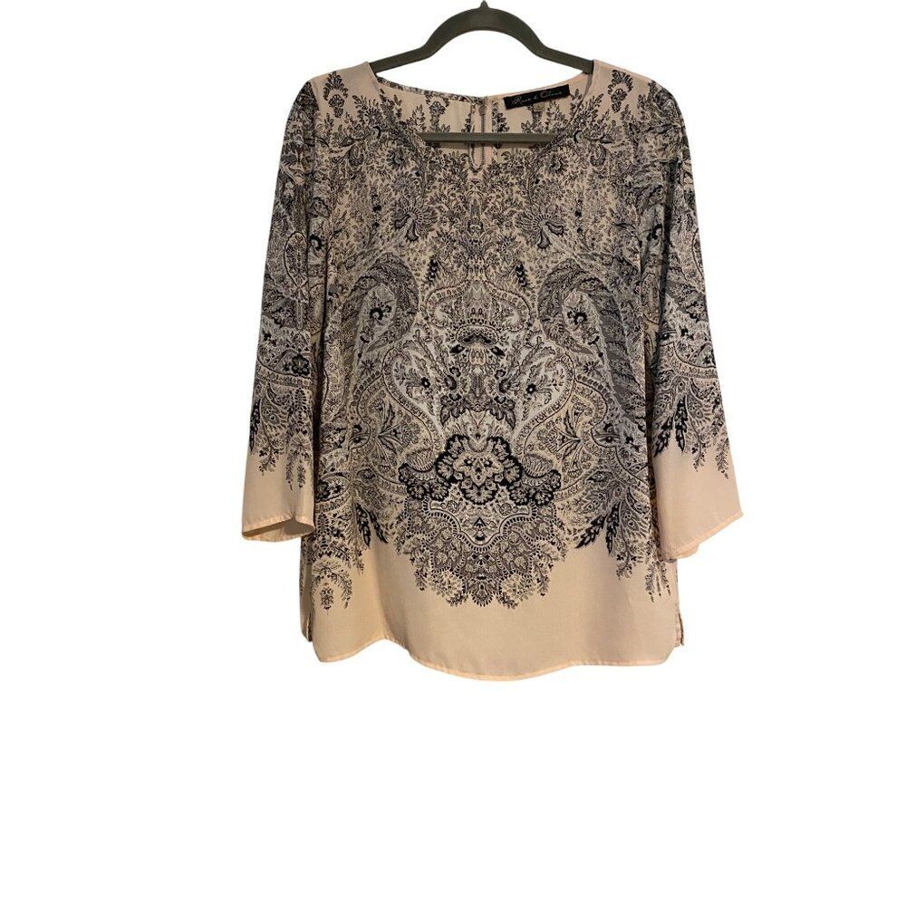 Rose & Olive Womens L Top Black & Cream Paisley Blouse Preppy Cottagecore Artsy